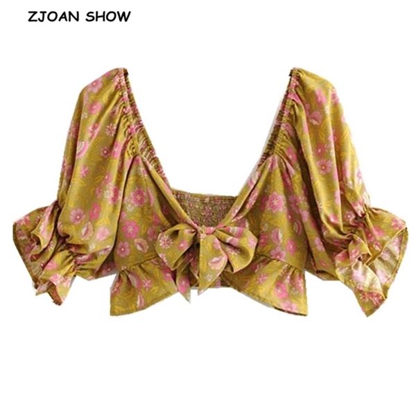 

tie bow ruffles strap floral short sleeve tank crop women back elastic ruched tee s 210429, White