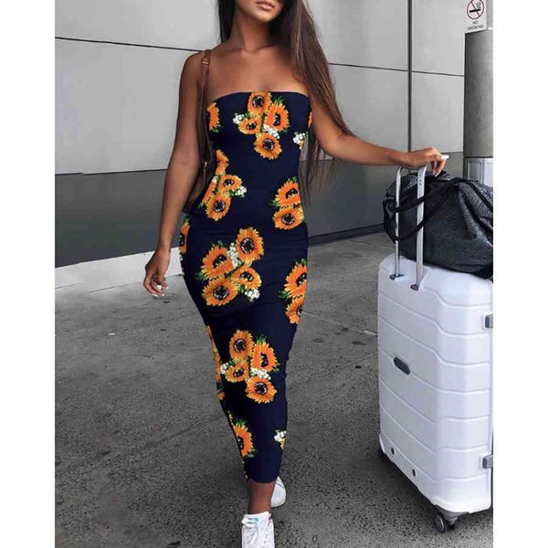 

2021spring and summer new off-the-shoulder ladies dress fashion womens sunflower print long tight dress casual wild sleeveless, Black;gray
