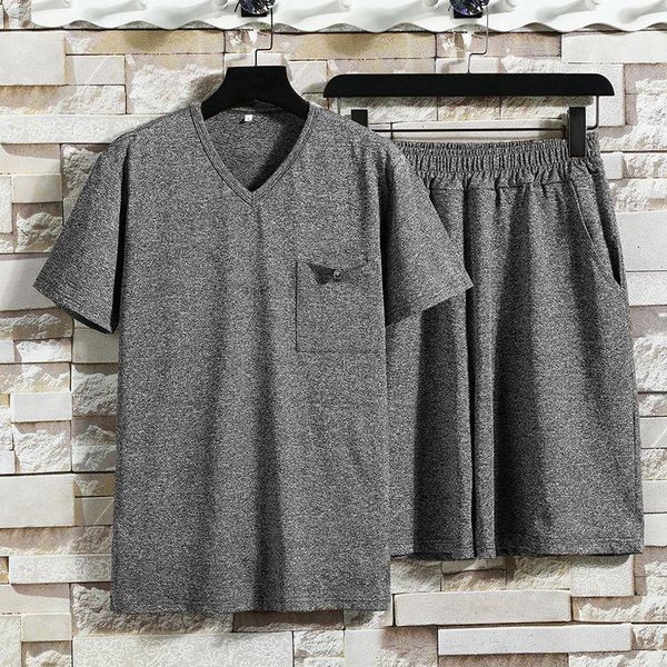 

men's tracksuits summer casual v-neck short sleeve suit t-shirt shorts ice middle-aged and old dad sports, Gray