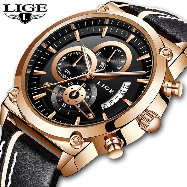

relogio mens watches lige fashion business chronograph waterproof quartz watch men casual leather clock+box wristwatches, Slivery;brown