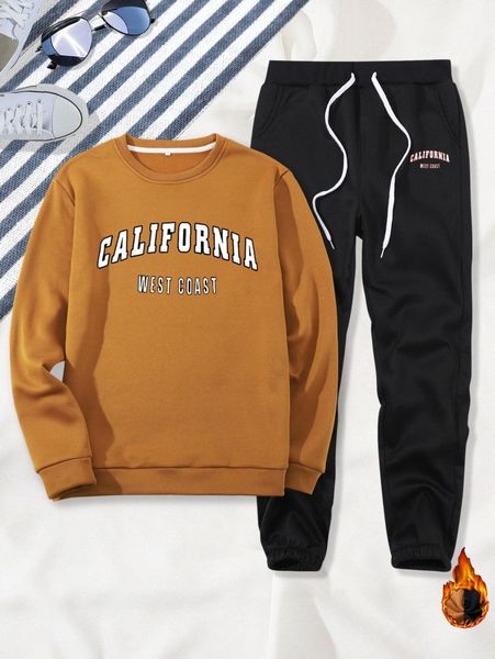 

men letter graphic thermal pullover & drawstring waist sweatpants a3l5#, Gray