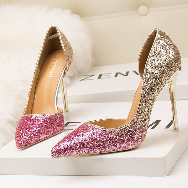 

spring and summer women's high-heeled sandals sequins shallow mouth crystal pointed stiletto gradient sequin wedding, Black