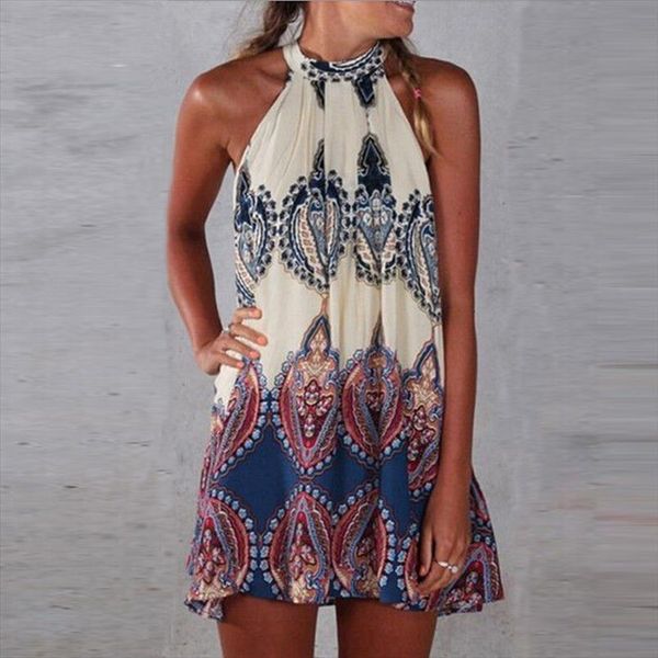 

fashion boho halter womens dress floral sleeveless summer short mini, Black;gray