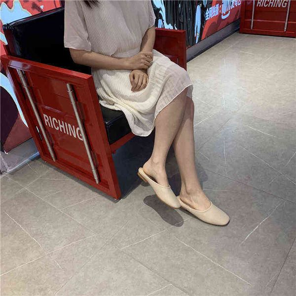 

herme women's slippers first layer cowhide leather net red envelope head half slipper go out to wear versatile fashion 2022 flat bottom, Black