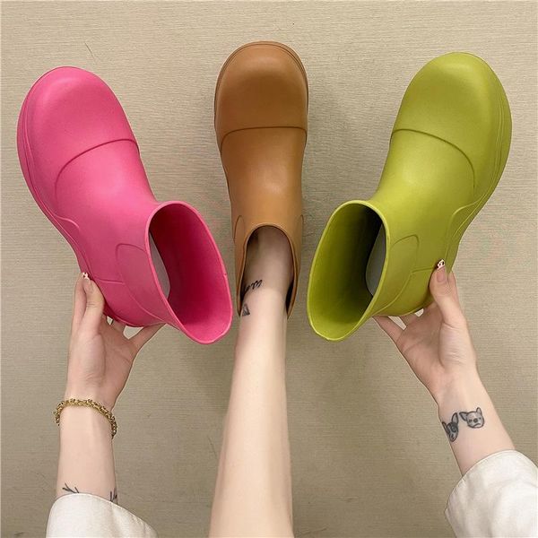 

boots ankle for female non-slip rain shoes woman dropship 2021 rubber waterproof rainboots women candy color thick platform, Black