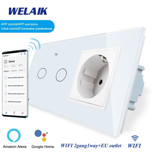 

smart home control welaik eu wifi smart-life 2gang1way+eu socket tuya-wall-touch-switch crystal-glass panel-intelligent-light switch a29218e