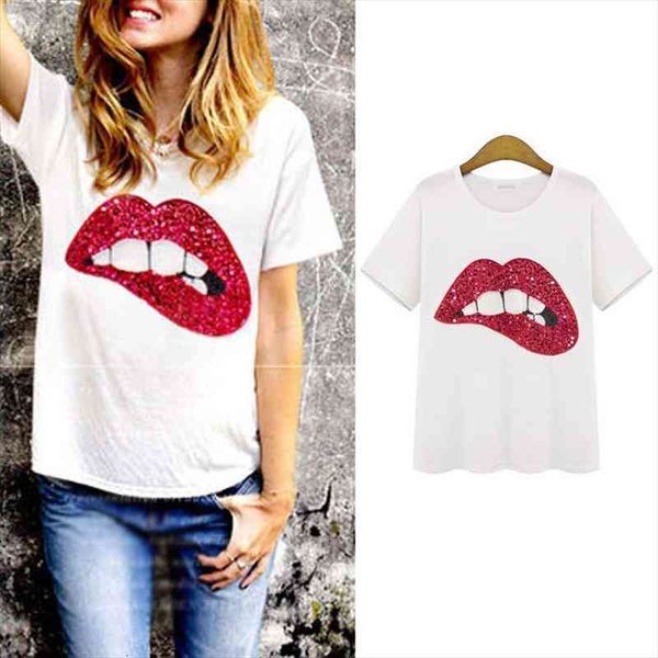 

leisure chiffon o-neck thin section women shirts sequined mouth print casual short sleeve shirt nvtx35, White