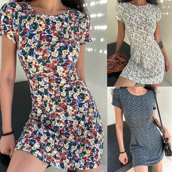 

floral women's round neck short sleeve casual fashion dress, White