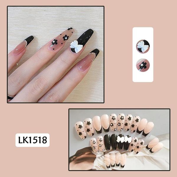 

false nails fake long black small flower wave dot butterfly nail stickers complete 24 with glue sana889, Red;gold