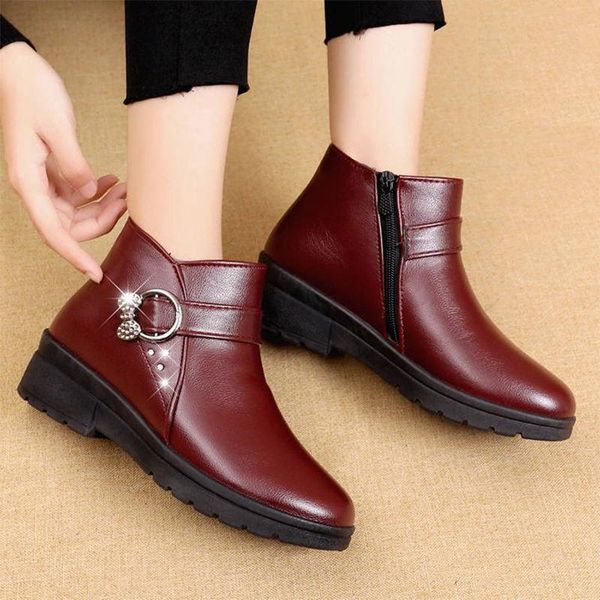 

boots brand women's shoes autumn winter footwear leather booties round toe flat heel zipper fashion med mid calf rubber 2021, Black
