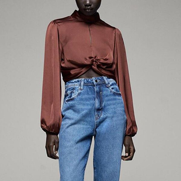 

katara stand collar blouses women fashion knot silk satin texture shirts elegant lantern sleeve female ladies jl women's &, White