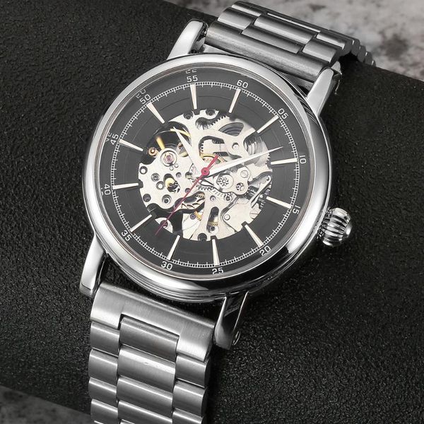 

wristwatches drop automatic watch men business skeleton 316l stainless steel band mechanical movement self-wind, Slivery;brown
