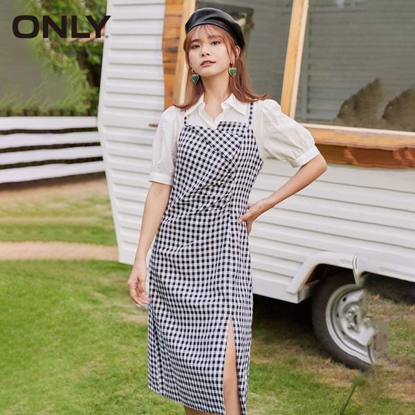 

women fake two piece plaid mid long dress |120307218 party dresses, White;black