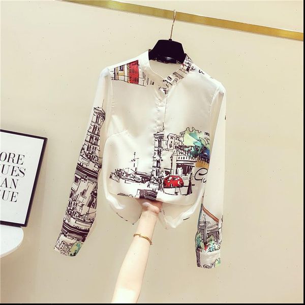 

spring womens shirt autumn blouse retro hong kong style printed stand up collar loose long sleeve ll528, White