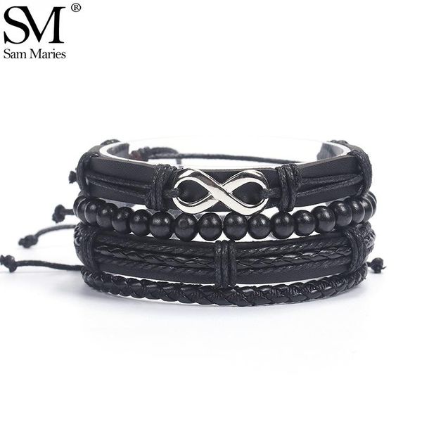

tennis silver color infinity charm black braided multilayer leather bracelets set handmade wood beads wrap bangles for men boys 4pcs, Golden;silver