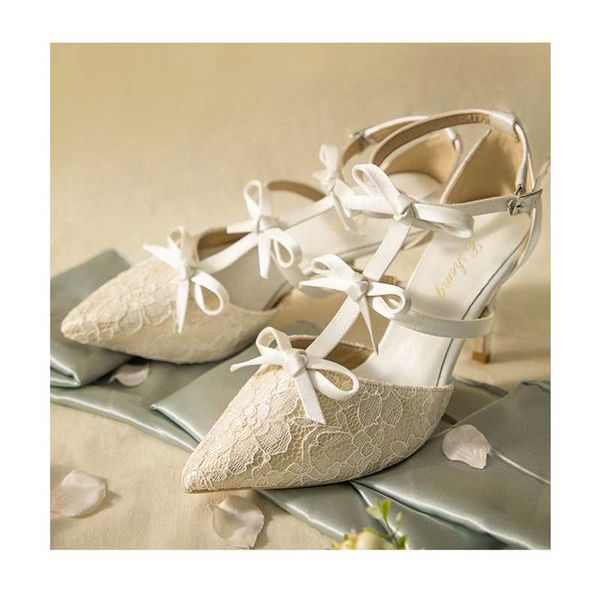 

sandals summer pointed thin ribbon bow lace bridal wedding shoes white stiletto banquet dress large size all-match female, Black