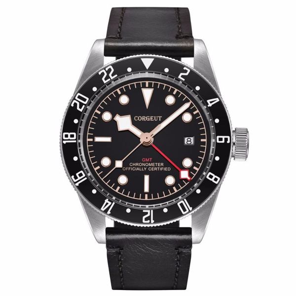 

wristwatches corgeut luxury brand mechanical watch man sapphire glass gmt men automatic military sport swim clock leather mens wristwatc, Slivery;brown