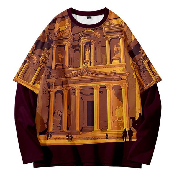 

men's hoodies & sweatshirts oil painting style architecture summer fashion trend fake two-piece round neck sweater, Black