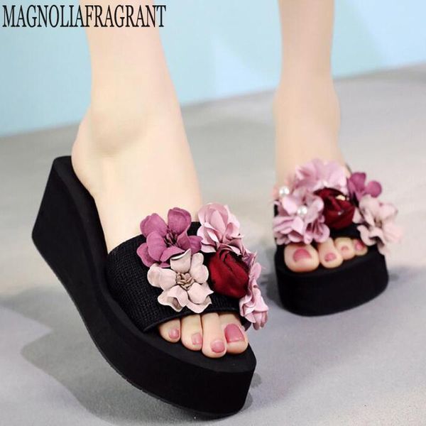 

summer woman shoes hand-made platform slippers wedge beach flip flops high heel for women brand flower ladies c51, Black