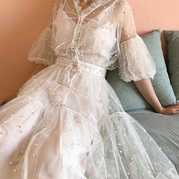 

white v neck mesh beading pearl half sleeve puff midi dress lace up ruffle mid calf summer two piece d0406 210514, Black;gray