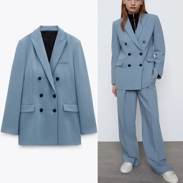 

blazers za blue double breasted spring blazer women long sleeve office lady coat blazers woman chic flap pockets elegant, White;black