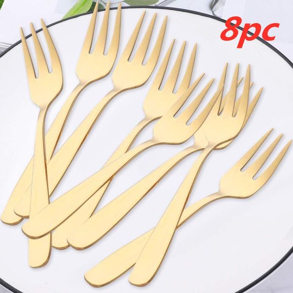 

8pc fruit fork set stainless steel small dessert forks lovely mini for cake snack black salad restaurant d23 spoons