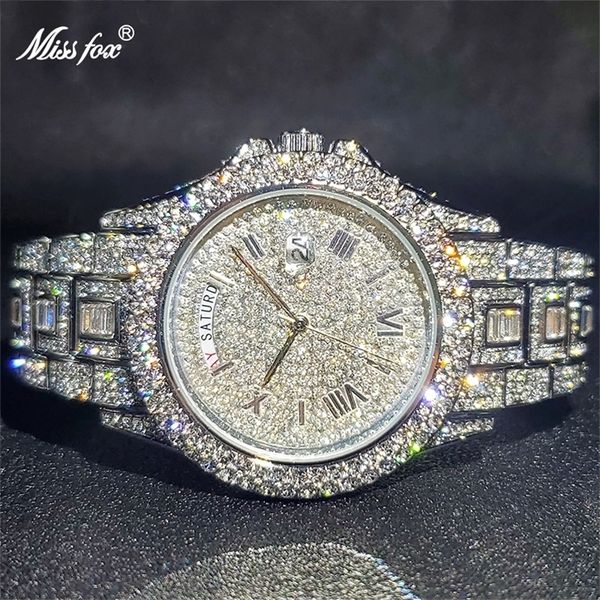 Relógio masculino luxo Miss Ice Out Diamond Watch Data Multifunction Data Ajustar o calendário Relógios de quartzo para homens DRO 220225