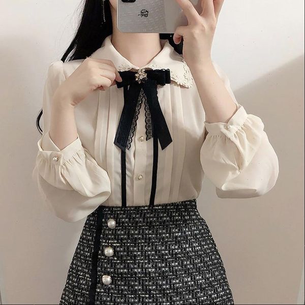 

korean chiffon fashion long women shirt sleeve ol clothing casual, White