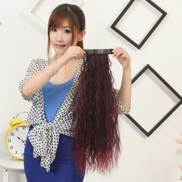 

long girl wine red curly hair corn perm patting circle wig horsetail, Black;brown