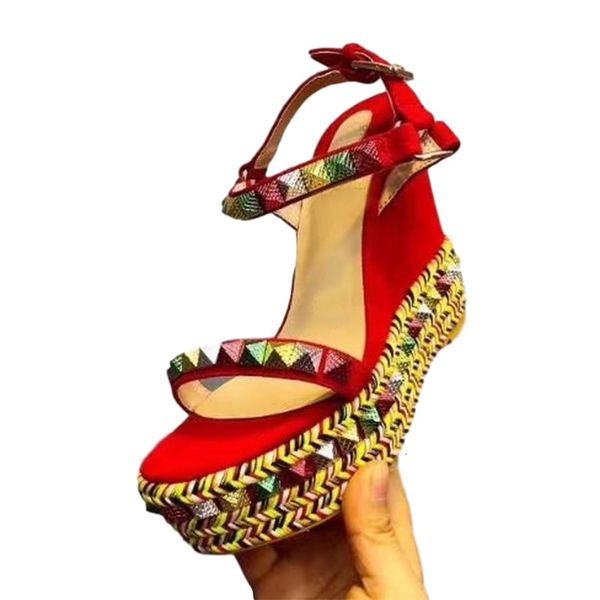 

sandals female platform wedge high heel summer ankle strap colorful pearled rivets decor shoes sandalias feminina qelh, Black