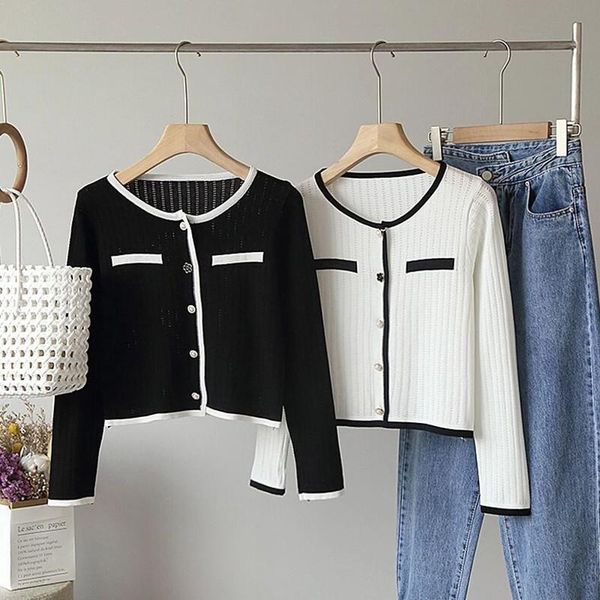 

women's jackets fashion women temperament color patchwork jacket office lady commute style single breasted long sleeve knitted cardigan, Black;brown