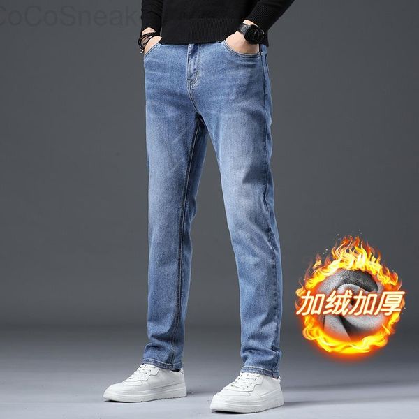 

men's jeans winter plush casual versatile youth slim fit small foot long pants elastic men, Blue
