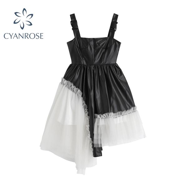 

irregular design women straped dress summer fashion lace synthetic leather patchwork backless strap dresses mujer 210430, Black;gray