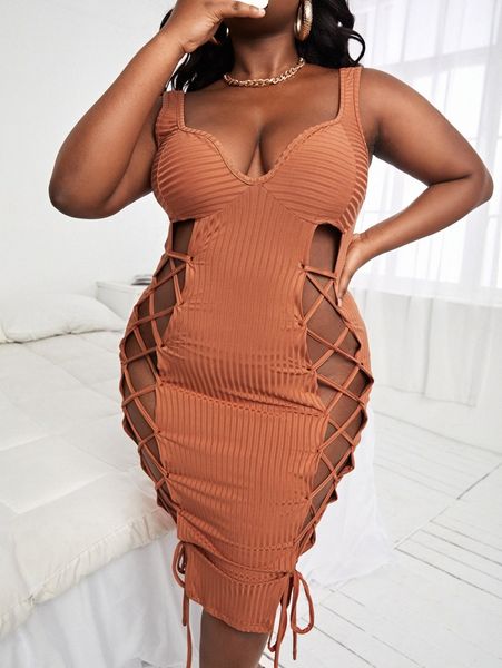 

sxy plus cut out lace up front split back bustier bodycon dress q042#, Black