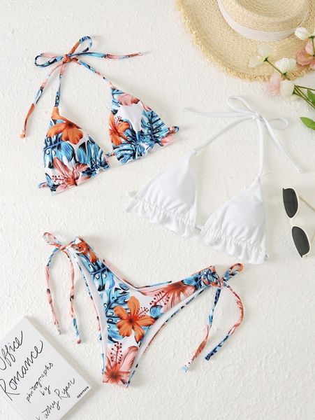 

3pack random tropical halter triangle bikini swimsuit u9qk#, White;black