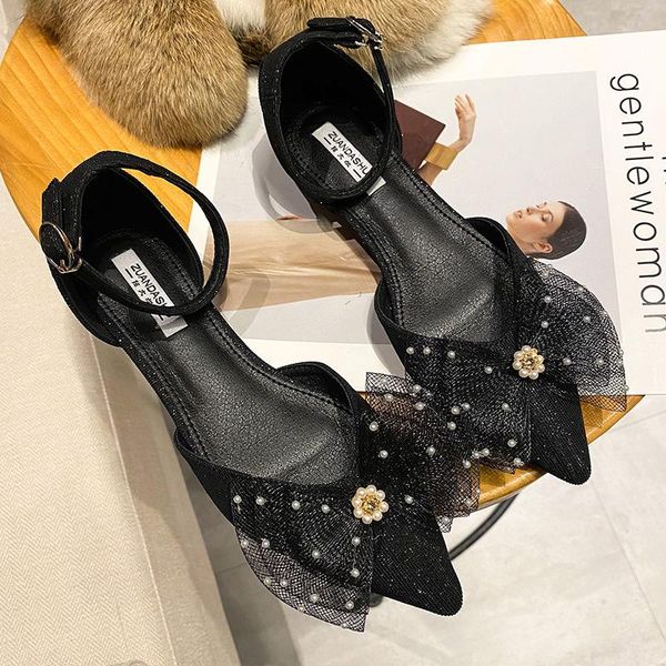 

sandals fashion pearl mesh bow-knot women slippers summer shoes woman cover heels sandalias beads flower pointed toe sanddales, Black
