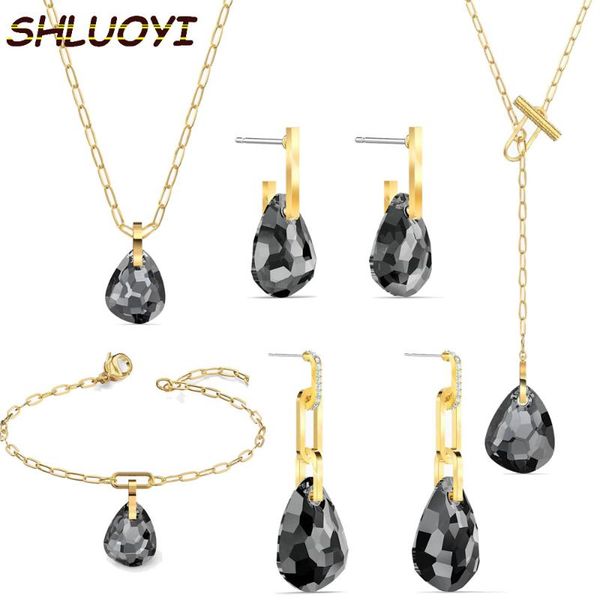 

pendant necklaces fashion jewelry set swa luxury simple black crystal water drop shape necklace romantic gift for women, Silver