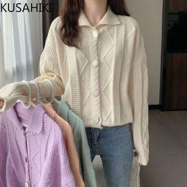 

women's knits & tees kusahiki solid turn-down collar sweet sweater coat 2021 auutmn winter korean knitted cardigan causal twisted knitw, White