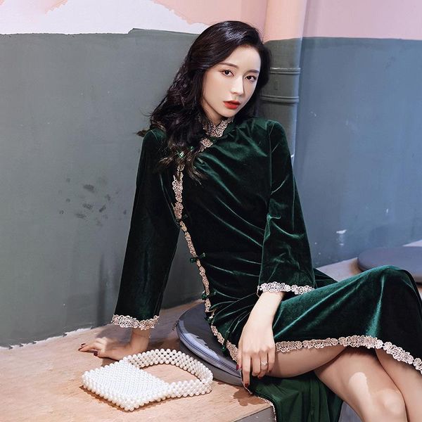

traditional chinese style women elegant qipao slim split velvet qi pao cheongsam dress vintage vestidos oriental clothing ethnic, Red