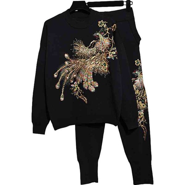 

women's two piece pants autumn set fashion beading phoenix print sweater + casual harlan knitted g517 murr, White