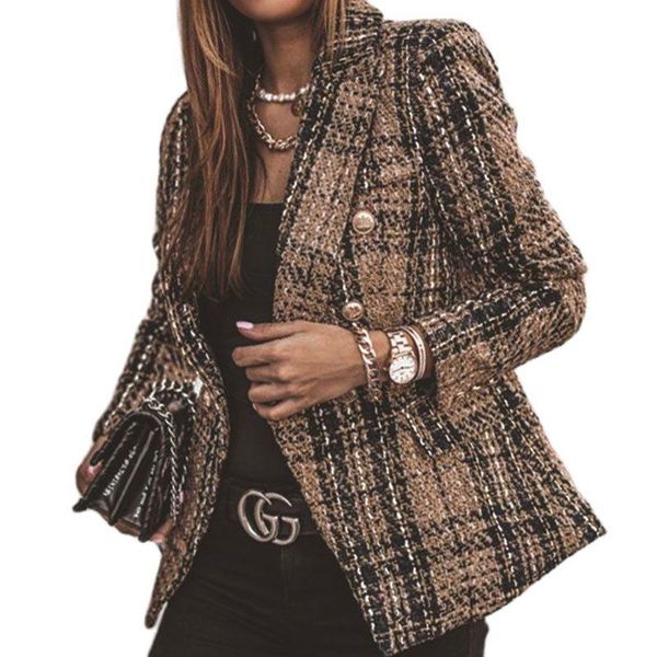 

women's suits & blazers cutubly elegant women long sleeve female double breasted jackets vintage plaid print ladies outerwear stylish, White;black