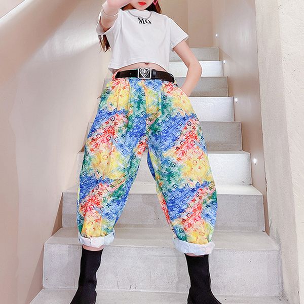 

summer girl fashion letter sets girls cartoons printing pants childrens short sleeve children kid loose blue harem pants