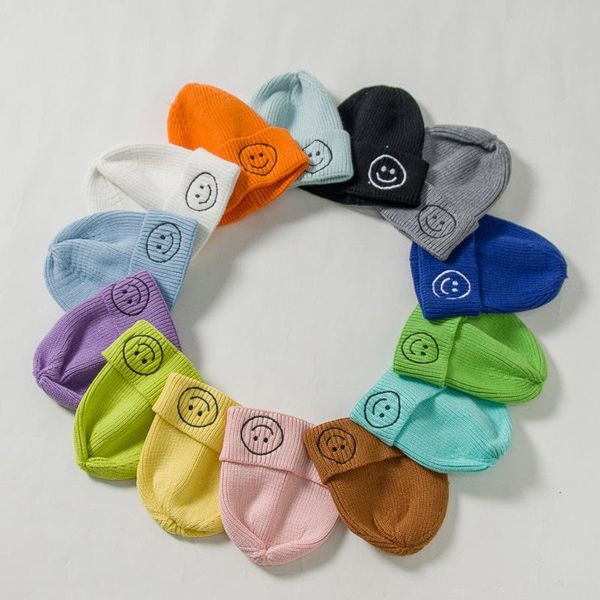 

caps & hats baby hat autumn winter kids knitted children warm beanies solid smile embroidery soft thickening, Yellow