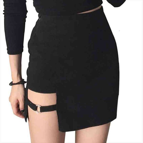 

women summer cotton mini pencil skirt lady high hollow out asymmetric solid color metal ring deco package hip skirt, White;black