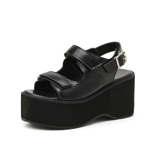 

summer shoes ladies sandals vintage buckle punk gothic platform chunky heels open toe gladiator women, Black