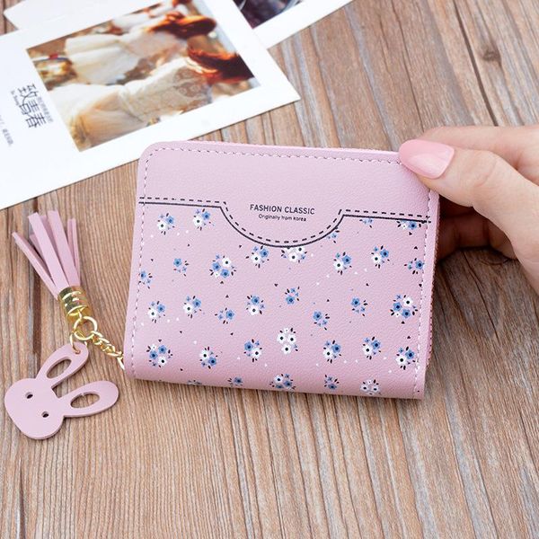 

wallets 2021 korean student small floral wallet key coin purse ladies short zipper tassel mini, Red;black