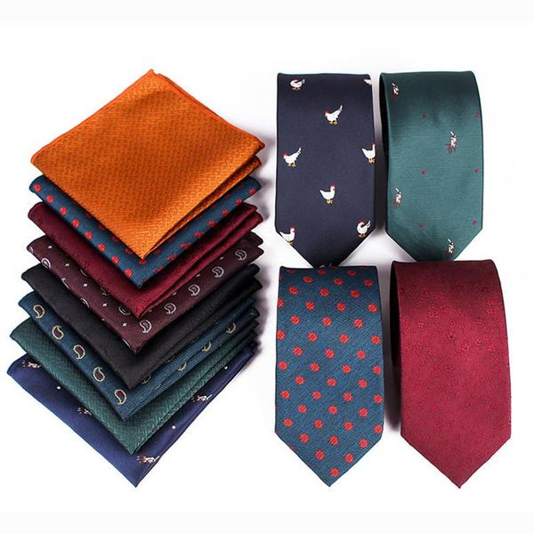 

bow ties fashion polyester slim print 7cm tie set for men necktie and pocket square wedding business party casual gift narrow, Black;gray