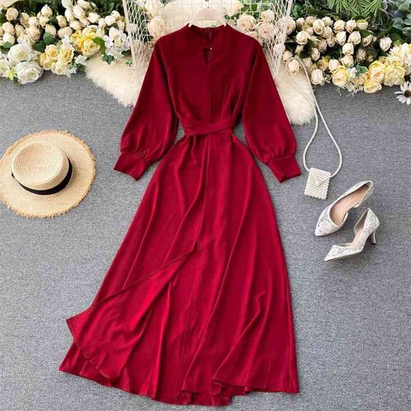 

spring autumn women's dress korean solid color stand collar hollow long sleeve slim female es gx693 210507, Black;gray