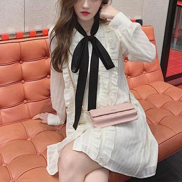 

casual dresses fairy dress women white one-piece korean mini kawaii bow a-line fashion female clothing 2021 women's spring, Black;gray