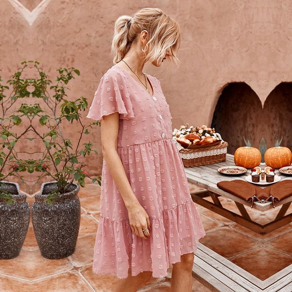 

summer women's elegant butterfly sleeve ladies 2021 new loose ruffles v-neck solid knee-length casual dress, Black;gray